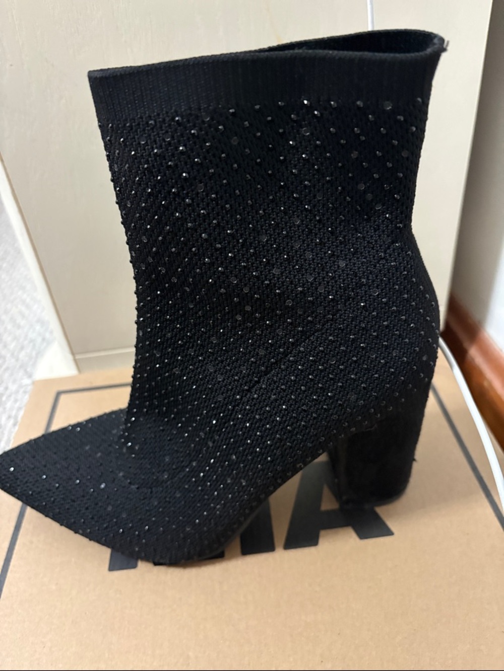 MIA Black Crystal-Embellished Pointed Sock Booties